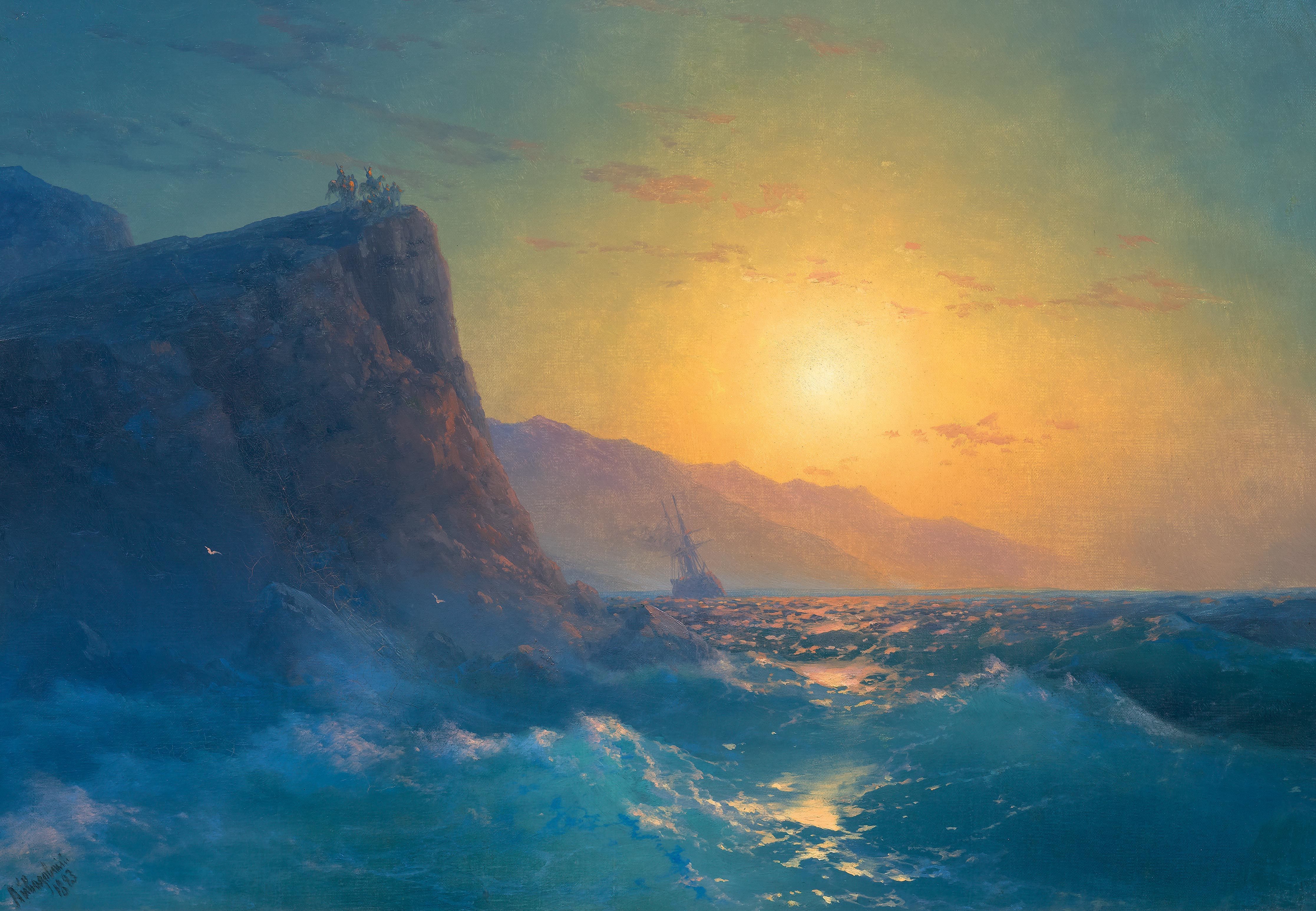 “View of a Steep, Rocky Coast and a Rough Sea at Sunset”